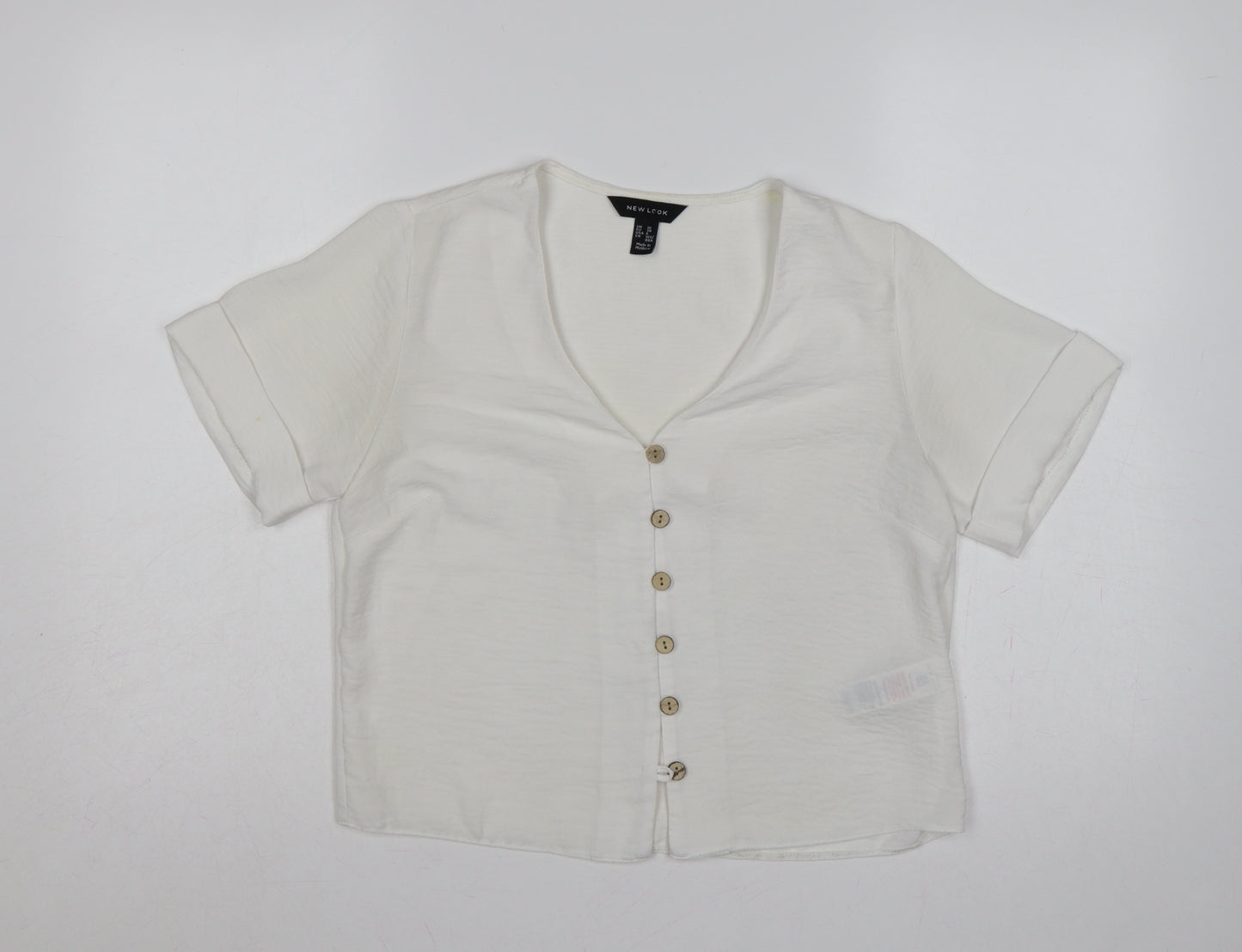 New Look Women White UK 10 V-Neck Button Front Short Sleeve Blouse