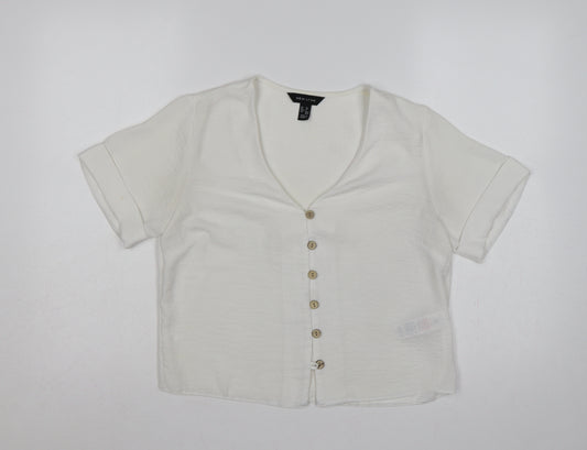 New Look Women White UK 10 V-Neck Button Front Short Sleeve Blouse