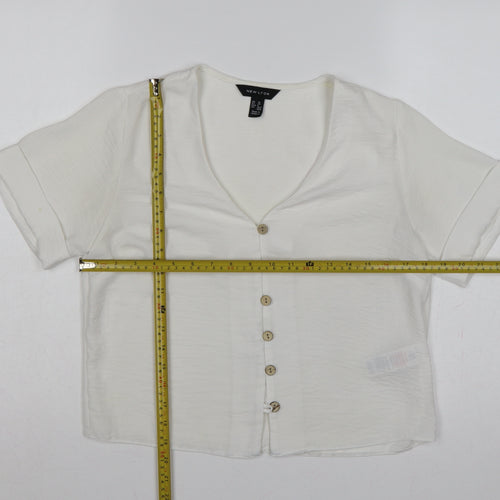 New Look Women White UK 10 V-Neck Button Front Short Sleeve Blouse