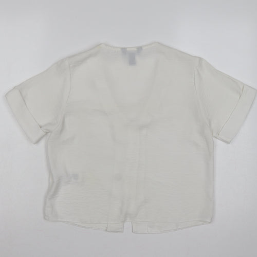 New Look Women White UK 10 V-Neck Button Front Short Sleeve Blouse
