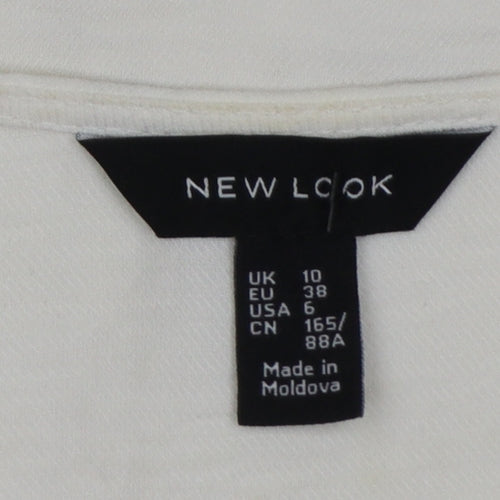 New Look Women White UK 10 V-Neck Button Front Short Sleeve Blouse