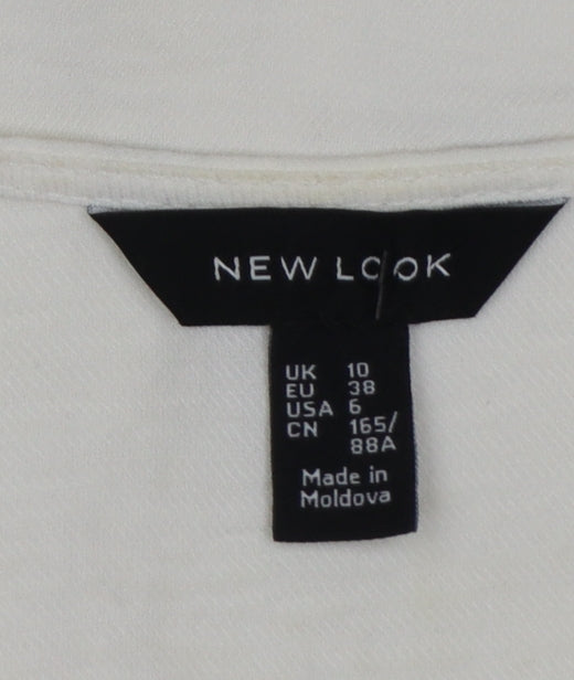 New Look Women White UK 10 V-Neck Button Front Short Sleeve Blouse