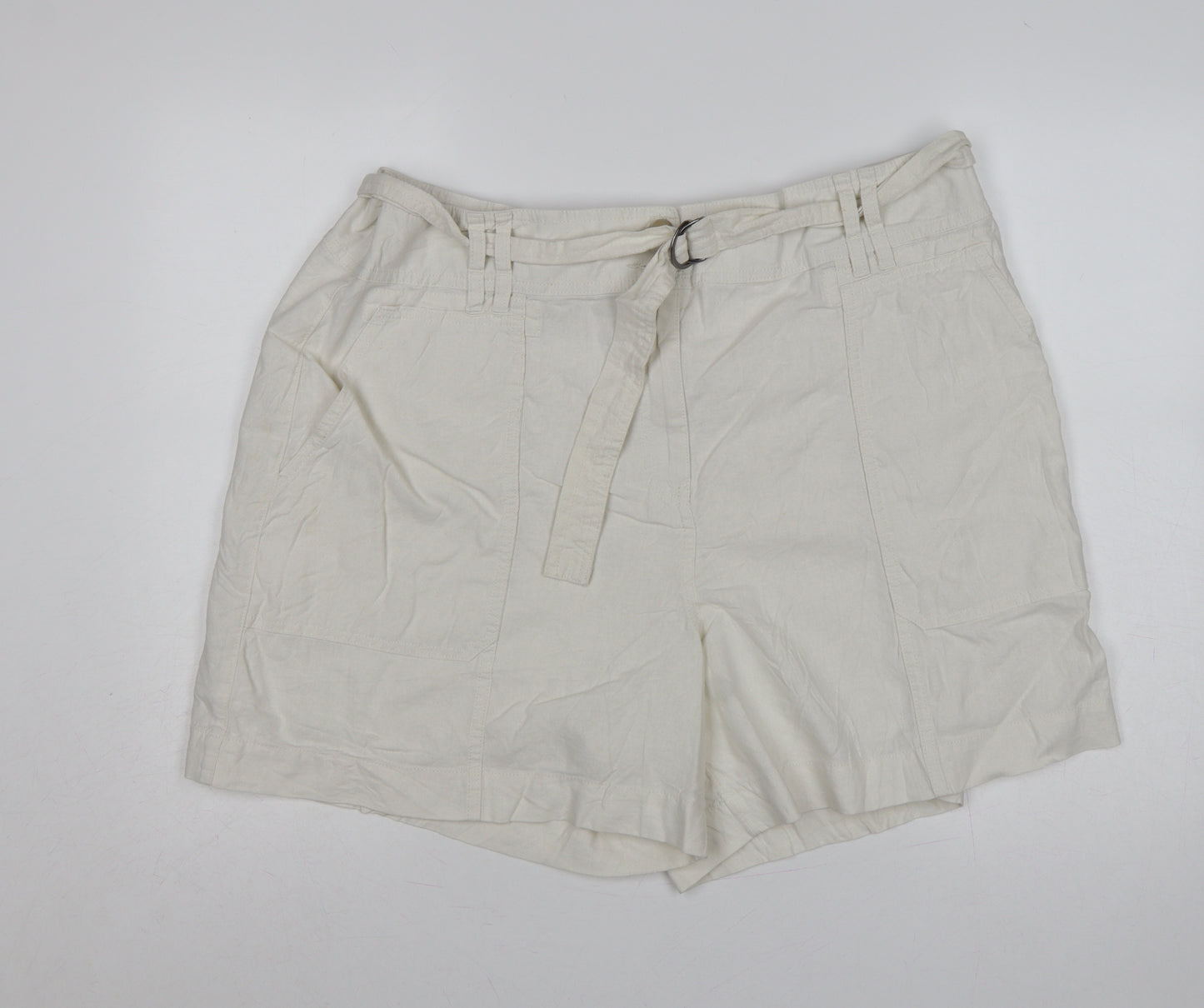M&S Women’s Ivory Linen Blend Cargo Shorts Belted UK 22