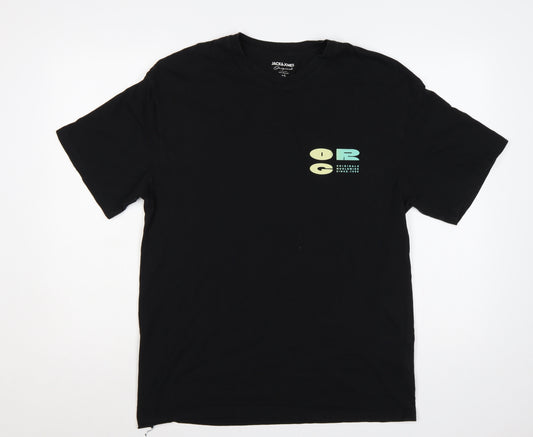Jack & Jones Men Black L Graphic Print Crew Neck T-Shirt