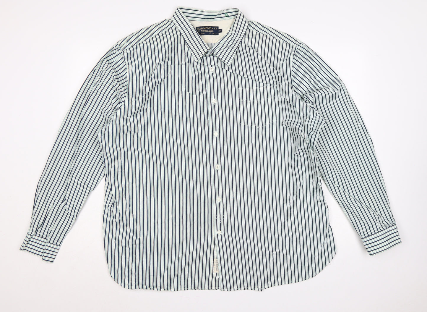 Hammond & Co Men’s White Navy Green Stripe Cotton Shirt 2XL