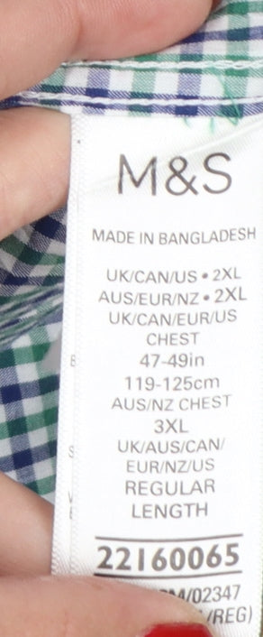 Marks & Spencer Men’s Green Blue Check 2XL Button-Down Short Sleeve Shirt