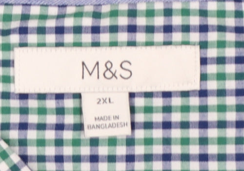 Marks & Spencer Men’s Green Blue Check 2XL Button-Down Short Sleeve Shirt