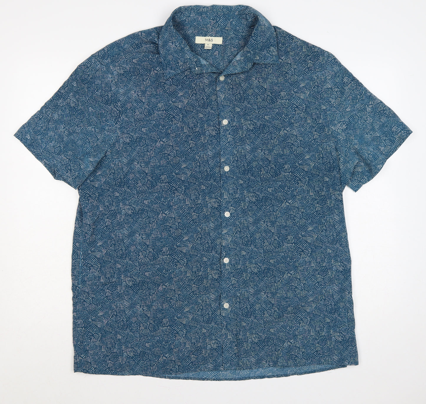 Marks and Spencer Men's Blue XL Geometric Short Sleeve Button-Up Shirt