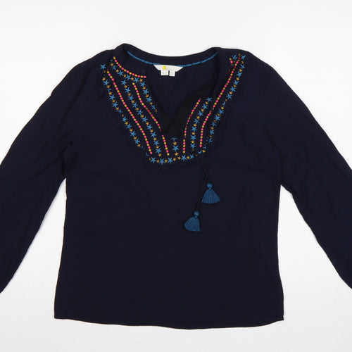 Boden Women Blue UK 14 Embroidered Tassel V-Neck Long Sleeve Blouse