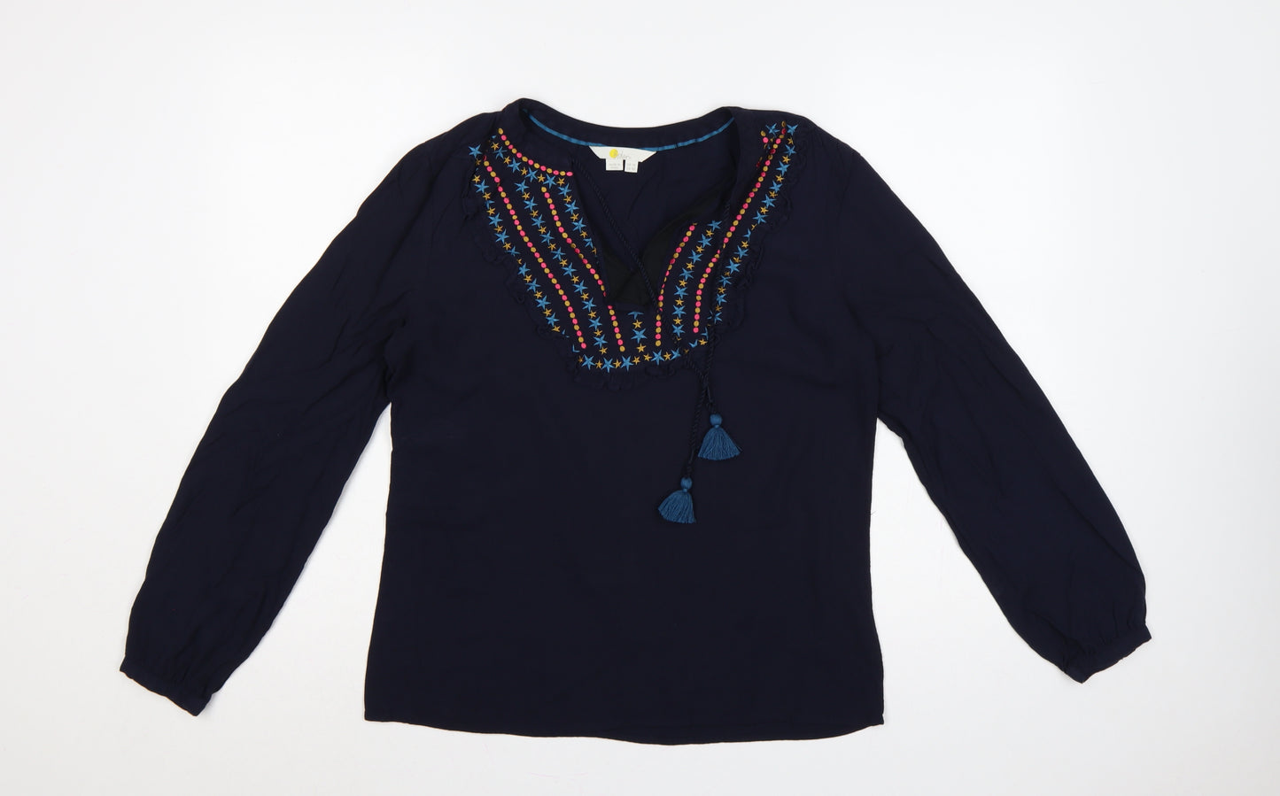 Boden Women Blue UK 14 Embroidered Tassel V-Neck Long Sleeve Blouse