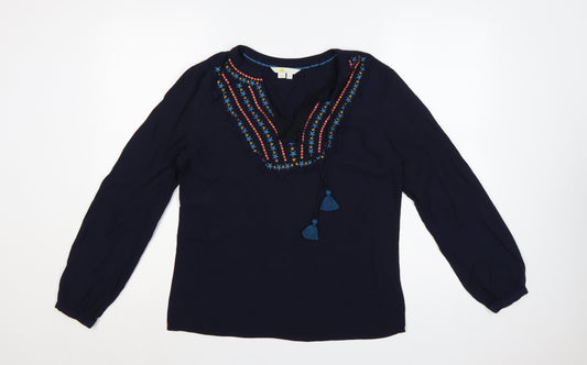 Boden Women Blue UK 14 Embroidered Tassel V-Neck Long Sleeve Blouse