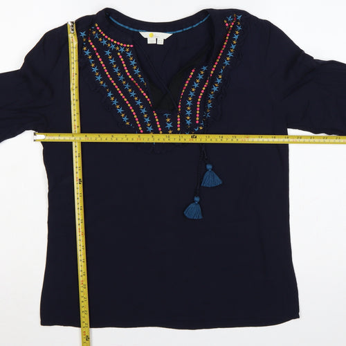 Boden Women Blue UK 14 Embroidered Tassel V-Neck Long Sleeve Blouse
