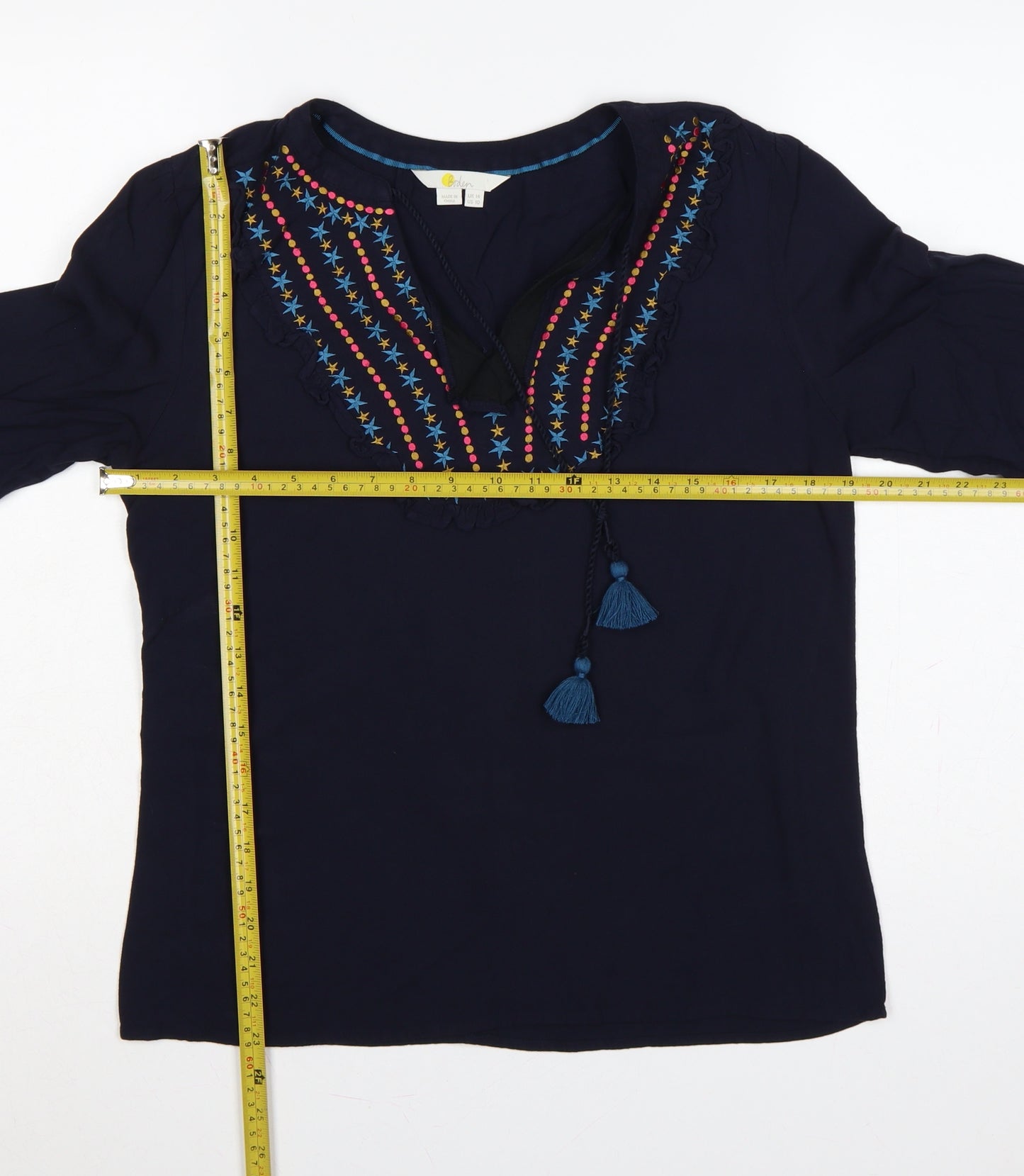 Boden Women Blue UK 14 Embroidered Tassel V-Neck Long Sleeve Blouse
