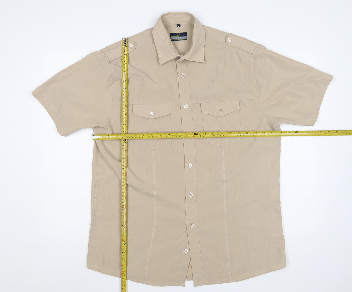Lincoln Men’s Beige M Short Sleeve Military Button-Up Shirt