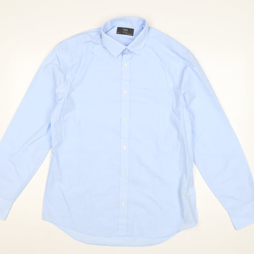 Marks and Spencer Men's Blue 16 Slim Fit Long Sleeve Dress Shirt