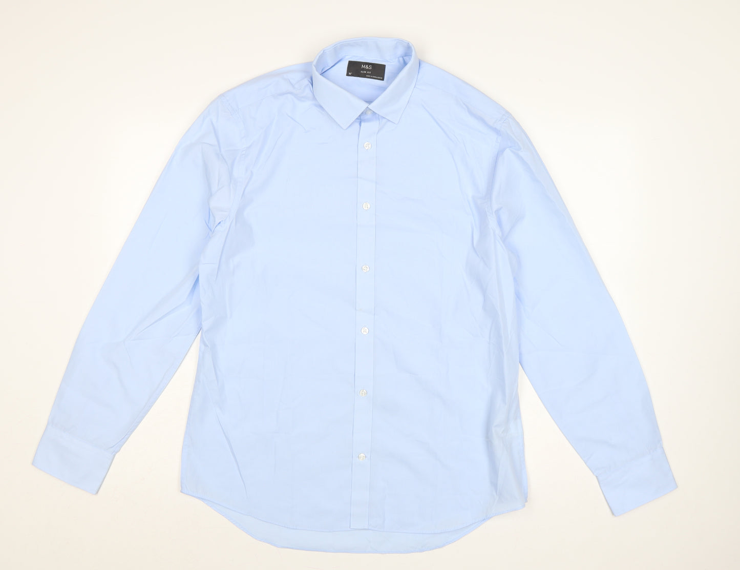 Marks and Spencer Men's Blue 16 Slim Fit Long Sleeve Dress Shirt