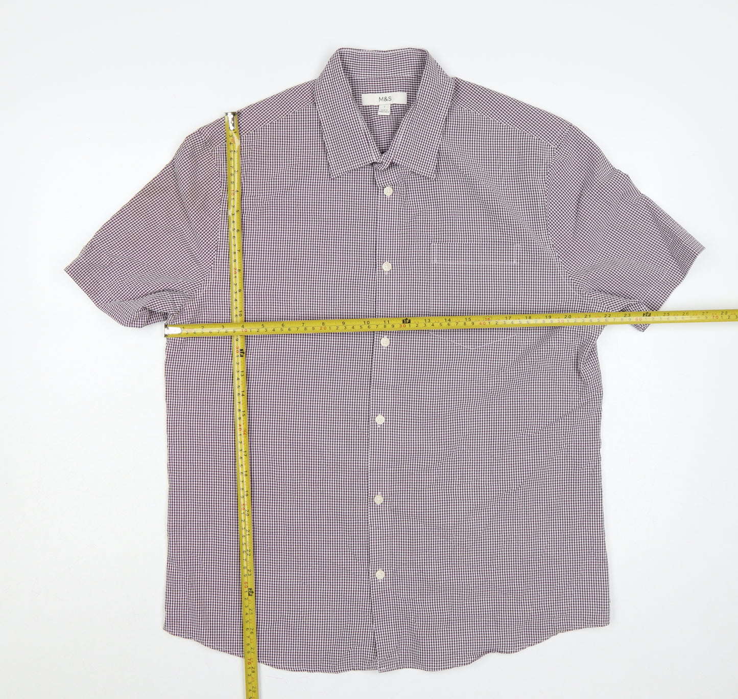 Marks and Spencer Men's Red Check L Short Sleeve Button-Up Shirt