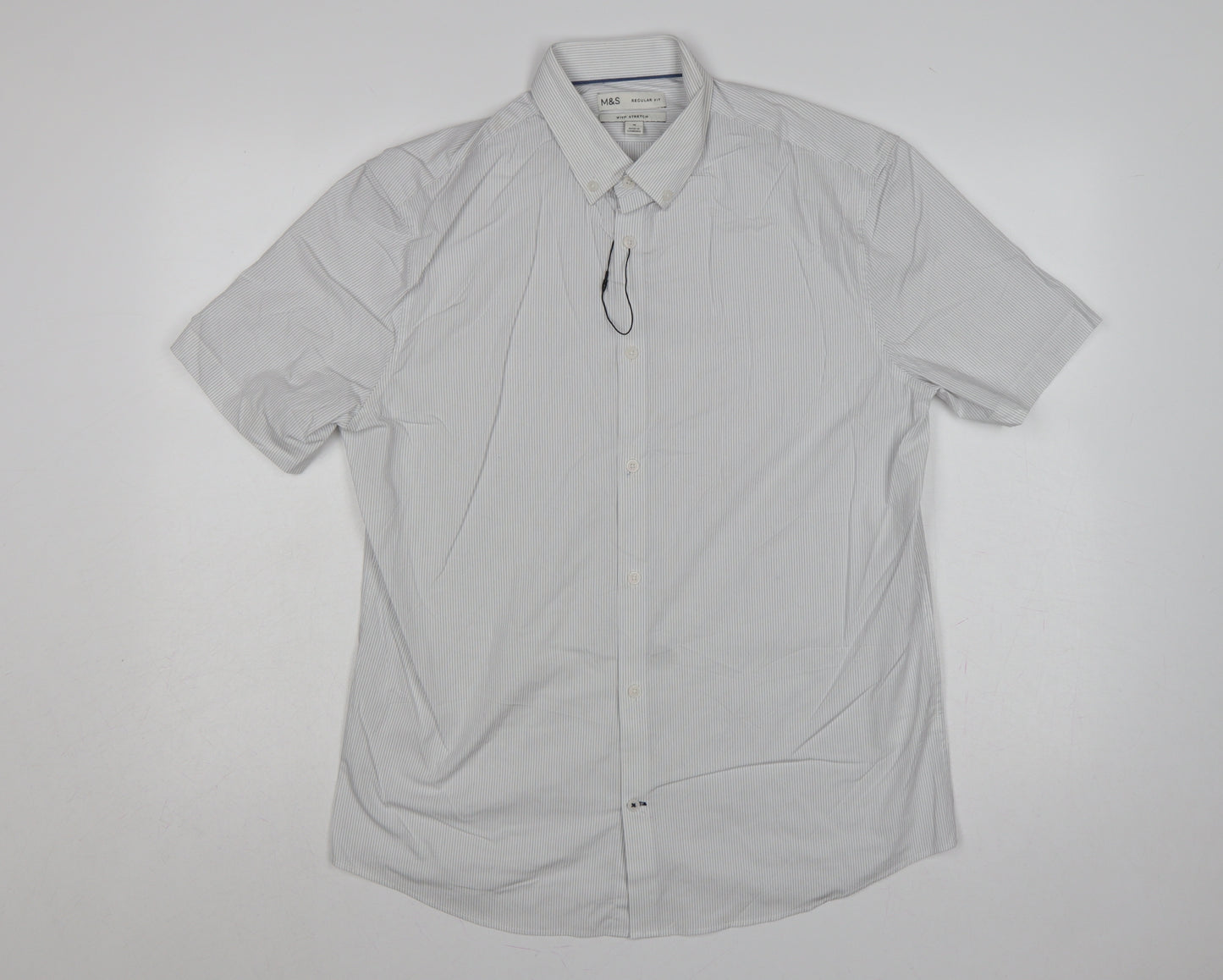 Marks & Spencer Men White Striped M Regular Fit Stretch Button-Up Shirt