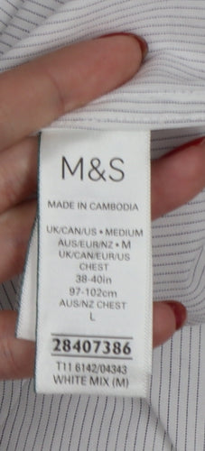 Marks & Spencer Men White Striped M Regular Fit Stretch Button-Up Shirt