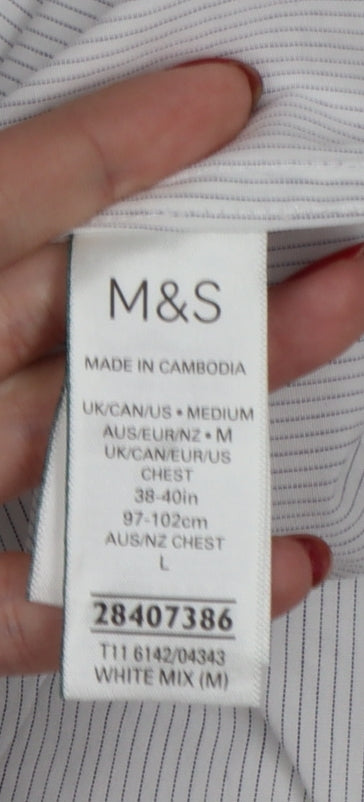 Marks & Spencer Men White Striped M Regular Fit Stretch Button-Up Shirt