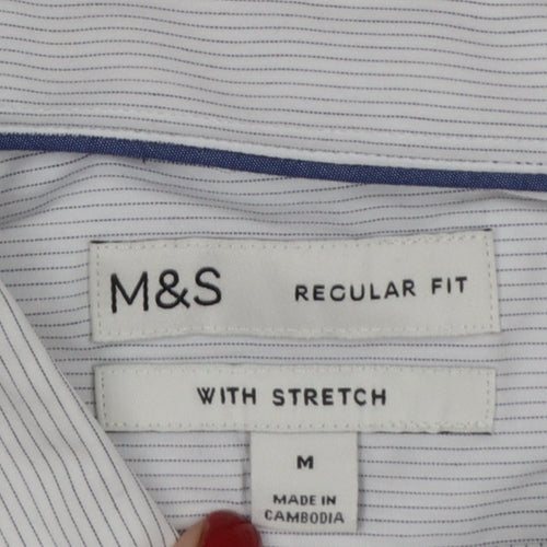 Marks & Spencer Men White Striped M Regular Fit Stretch Button-Up Shirt