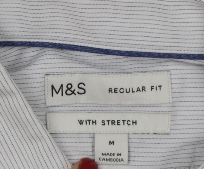 Marks & Spencer Men White Striped M Regular Fit Stretch Button-Up Shirt
