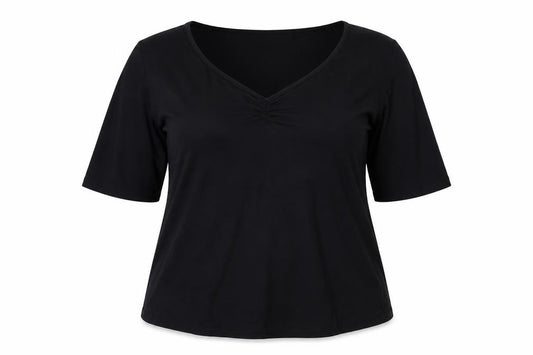 Front view of Capsule Women Black UK 24 Scoop Neck Ruched Short Sleeve Jersey Blouse