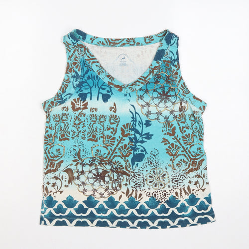 White Stag Women Blue Size 14 Bohemian V-Neck Cotton Tank Top