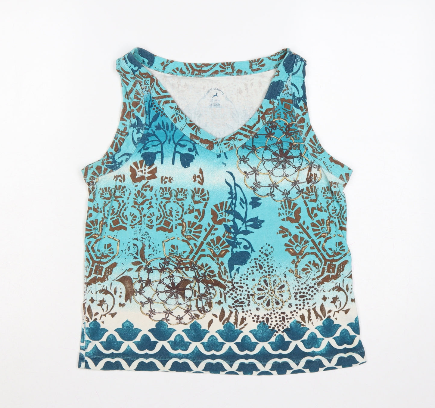 White Stag Women Blue Size 14 Bohemian V-Neck Cotton Tank Top