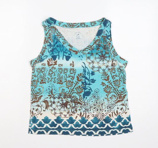 White Stag Women Blue Size 14 Bohemian V-Neck Cotton Tank Top