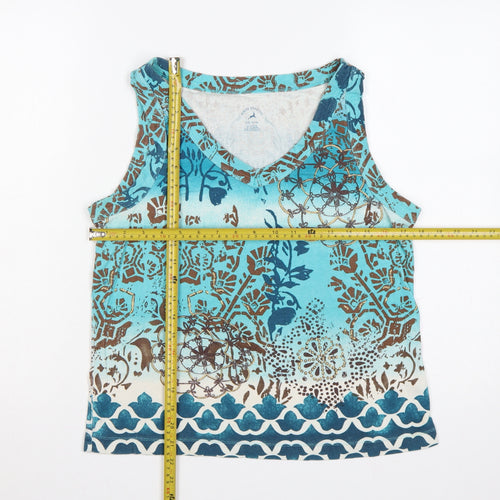 White Stag Women Blue Size 14 Bohemian V-Neck Cotton Tank Top