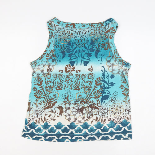 White Stag Women Blue Size 14 Bohemian V-Neck Cotton Tank Top