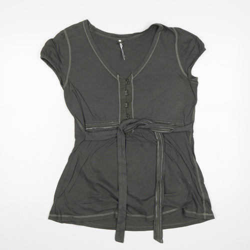 Next Women Green UK 14 Tie Waist Button Front Short Sleeve Blouse