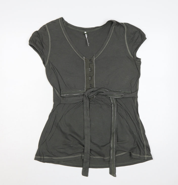 Next Women Green UK 14 Tie Waist Button Front Short Sleeve Blouse
