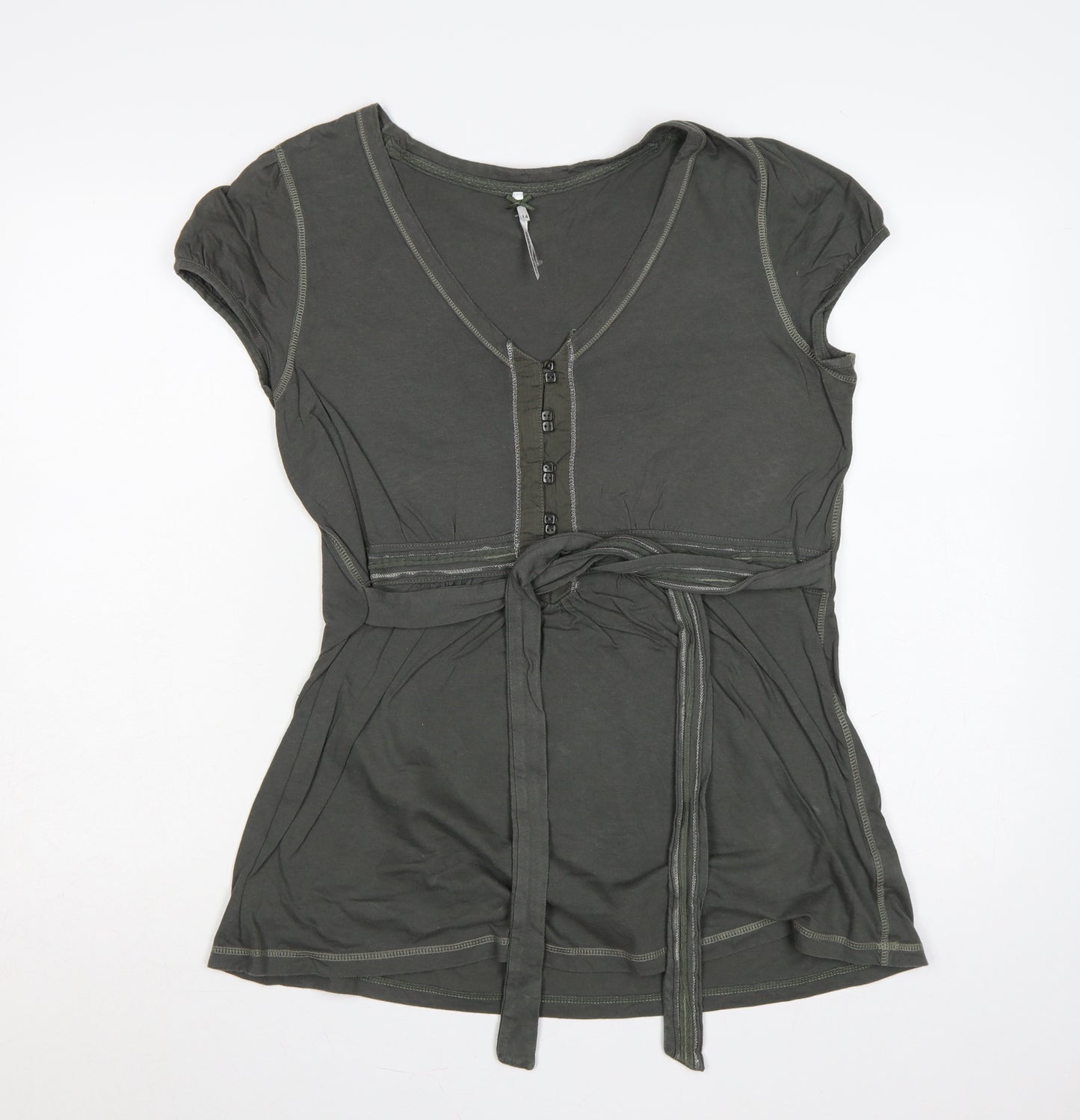Next Women Green UK 14 Tie Waist Button Front Short Sleeve Blouse