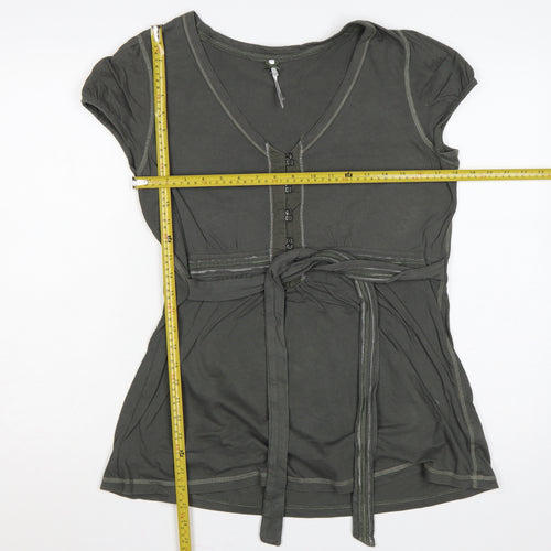 Next Women Green UK 14 Tie Waist Button Front Short Sleeve Blouse