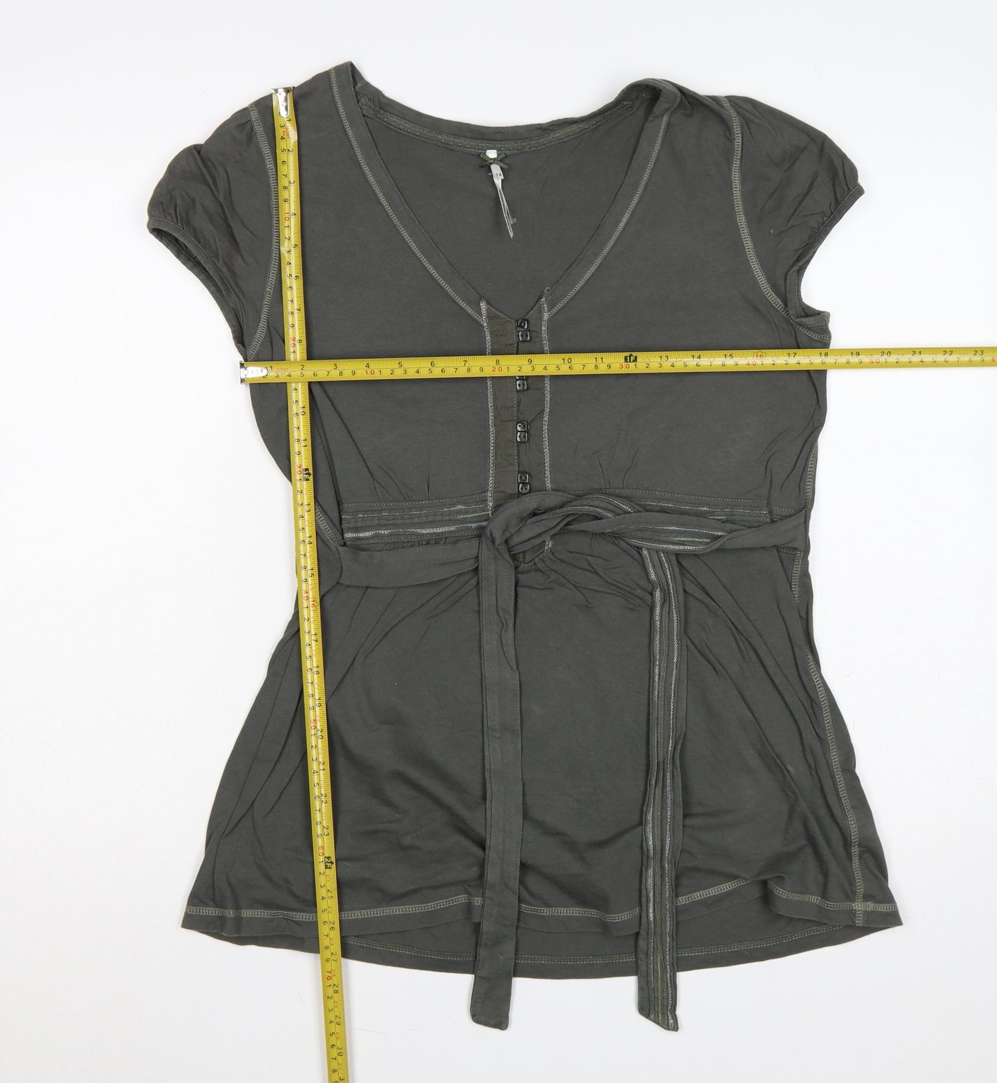 Next Women Green UK 14 Tie Waist Button Front Short Sleeve Blouse