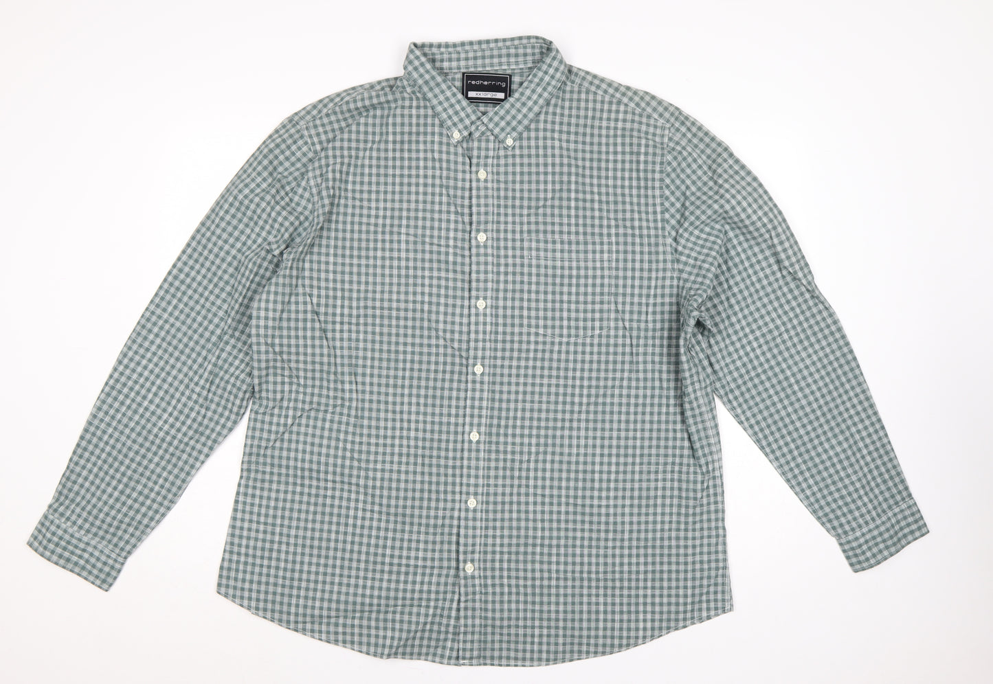 Red Herring Men’s Green Check Cotton Button-Down Shirt 2XL Long Sleeve