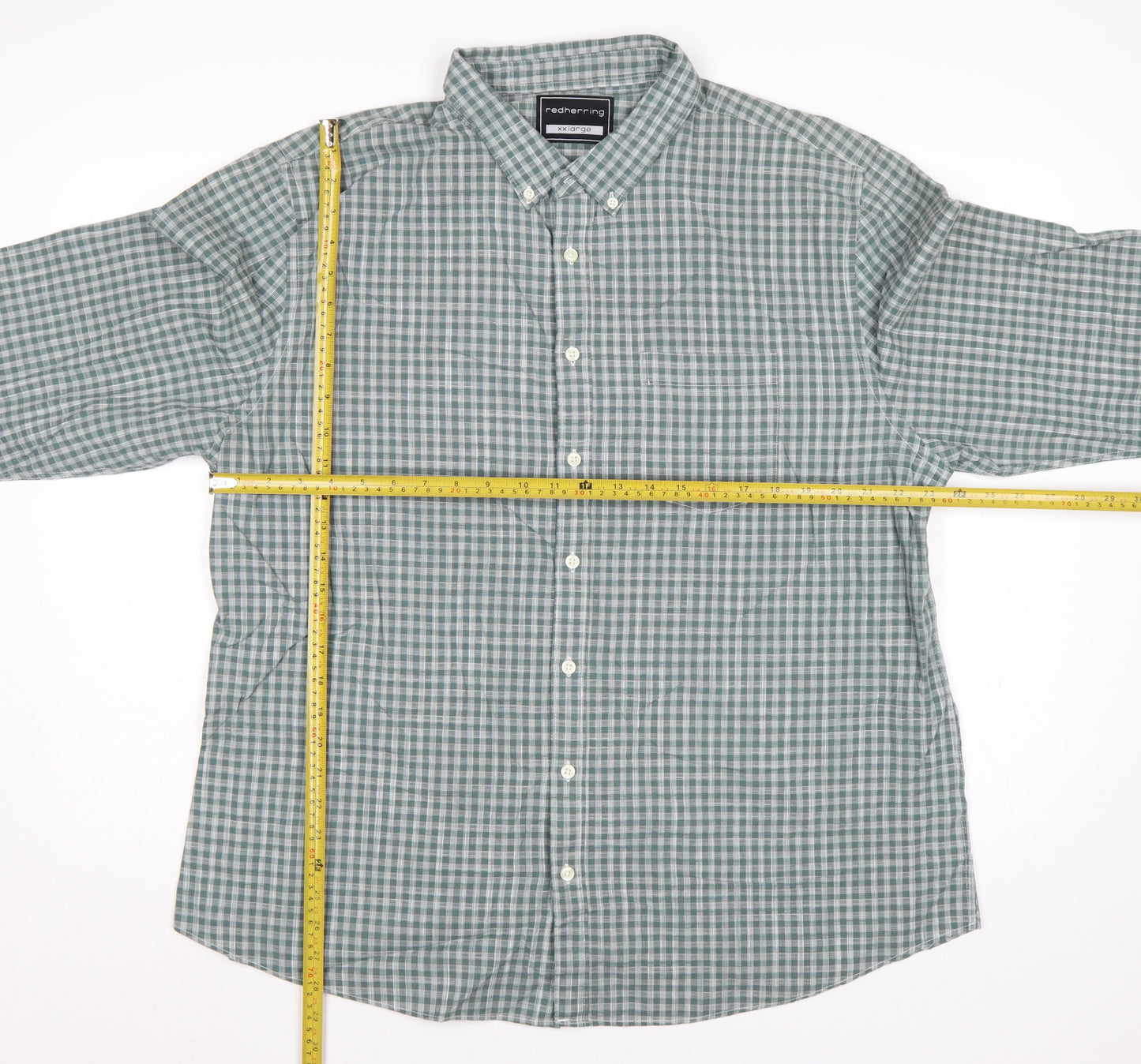 Red Herring Men’s Green Check Cotton Button-Down Shirt 2XL Long Sleeve