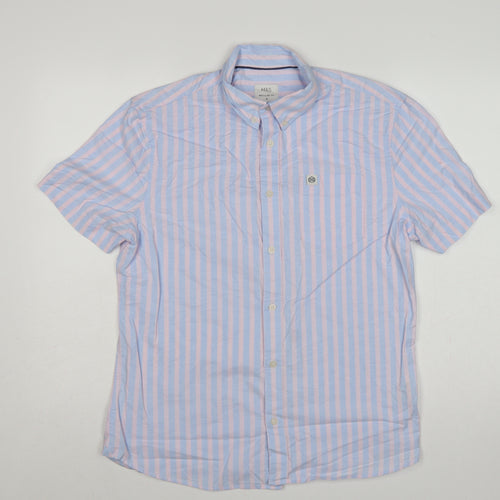 Marks & Spencer Men's Blue Pink Stripe M Regular Fit Short Sleeve Shirt