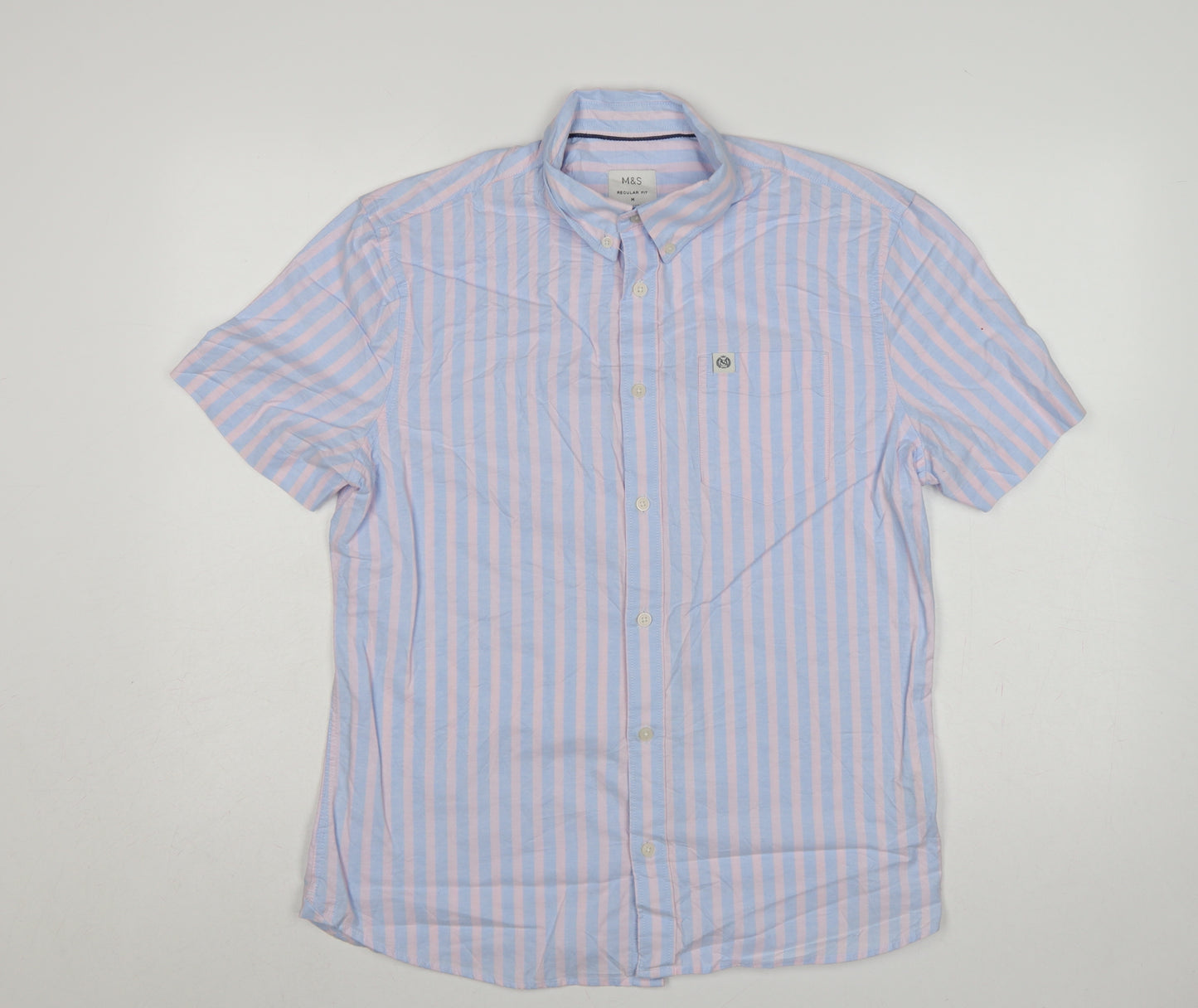 Marks & Spencer Men's Blue Pink Stripe M Regular Fit Short Sleeve Shirt