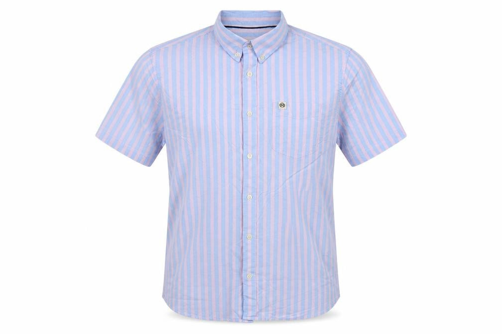 Front view of Marks & Spencer Men's Blue Pink Stripe M Regular Fit Short Sleeve Shirt