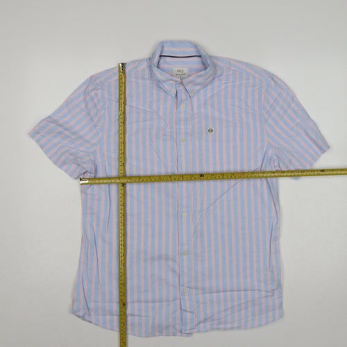 Marks & Spencer Men's Blue Pink Stripe M Regular Fit Short Sleeve Shirt