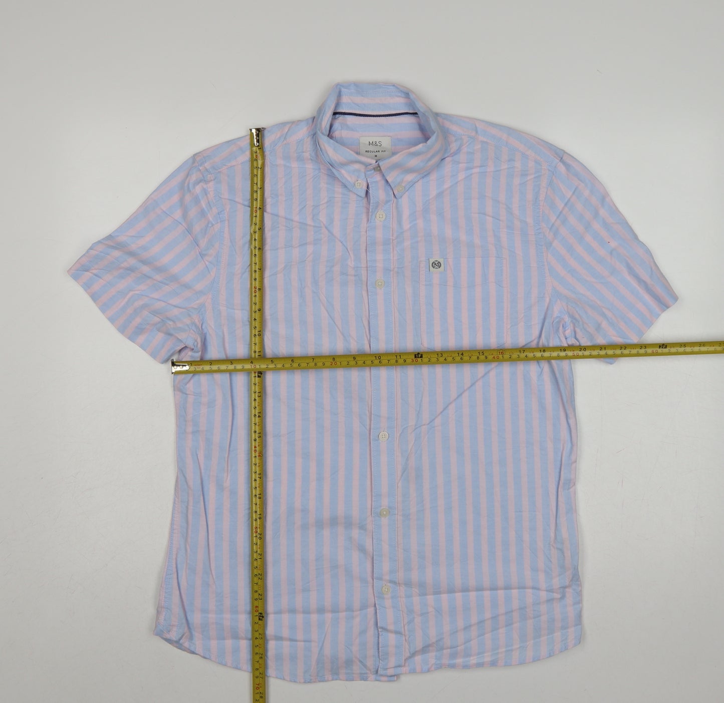 Marks & Spencer Men's Blue Pink Stripe M Regular Fit Short Sleeve Shirt