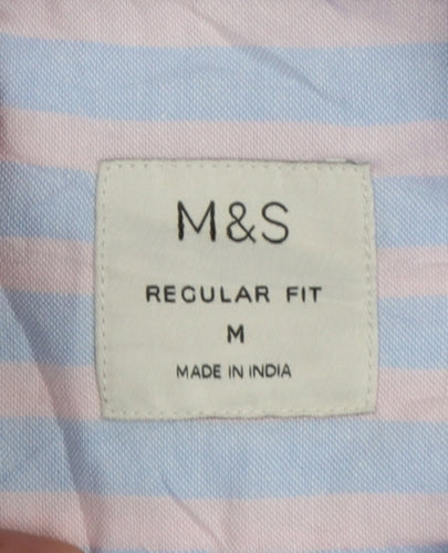 Marks & Spencer Men's Blue Pink Stripe M Regular Fit Short Sleeve Shirt