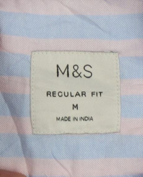 Marks & Spencer Men's Blue Pink Stripe M Regular Fit Short Sleeve Shirt