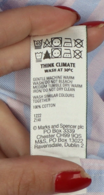 Marks & Spencer Men's Blue Pink Stripe M Regular Fit Short Sleeve Shirt
