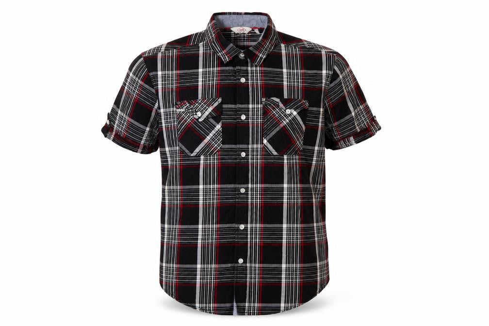 Front view of Lee Cooper Men’s Black Plaid Short Sleeve Button-Up Shirt L Cotton