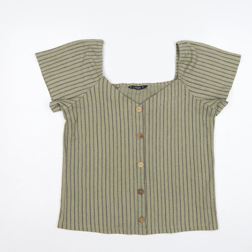 Dunnes Women Green M Striped Button Front Flutter Sleeve Blouse