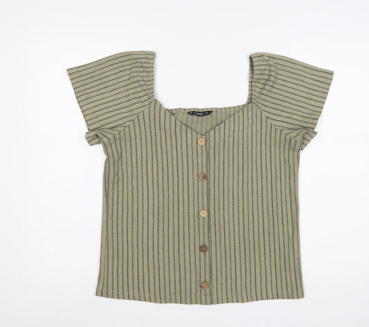 Dunnes Women Green M Striped Button Front Flutter Sleeve Blouse